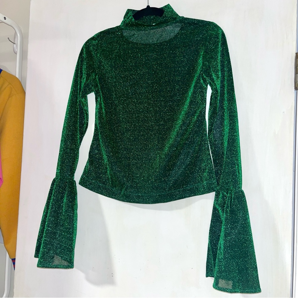 Fancy green sparkly high neck long sleeve top with bell sleeves